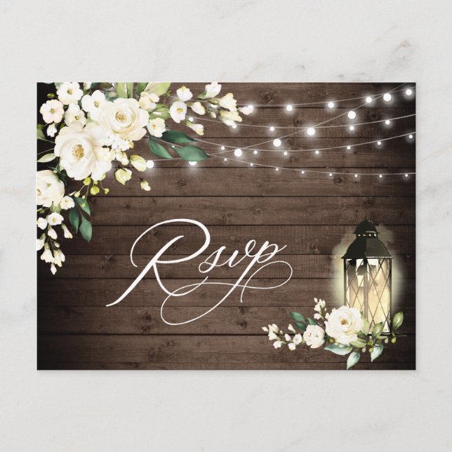 Carte Postale Roses blanches mariage RSVP avec choix de repas (Devant)