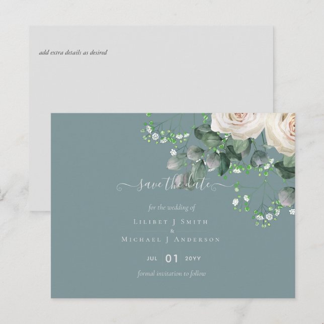 Carte Postale Roses blanches Sage Eucalyptus Mariage Dates de sa (Devant / Derrière)