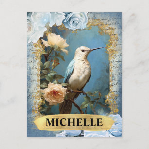 Carte Postale Roses bleues romantiques et fantaisie de colibri