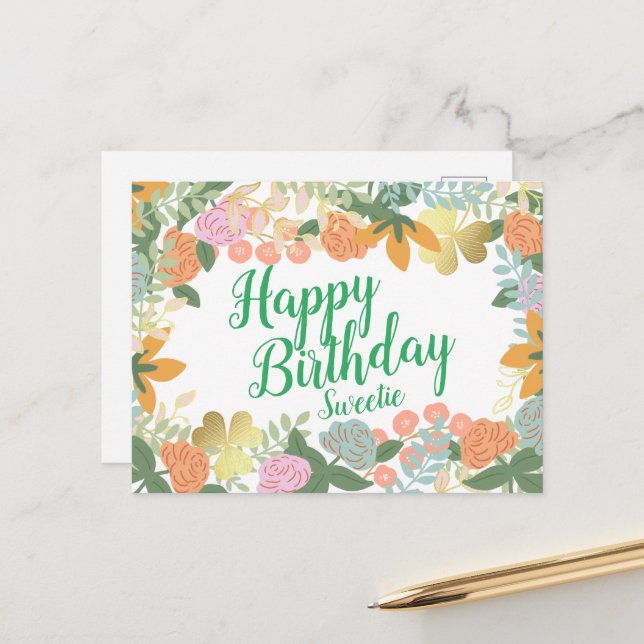 Carte Postale Roses de printemps personnalisés Floral Joyeux ann (Devant/Arrière en situation)