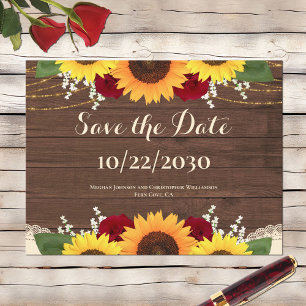 Carte Postale Roses de Sunflower en bois rustique Sauvez la date