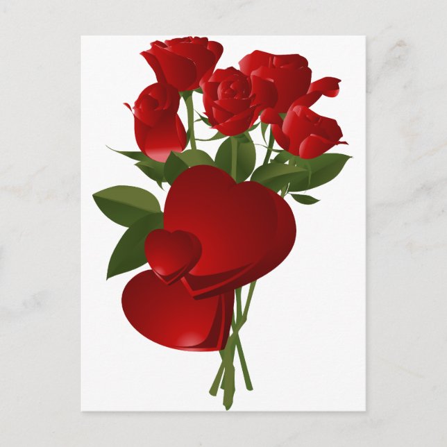 Carte Postale Roses et Coeurs rouges étonnants (Devant)