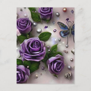 Carte Postale Roses et perles violets