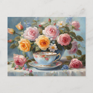 Carte Postale Roses et Teacup