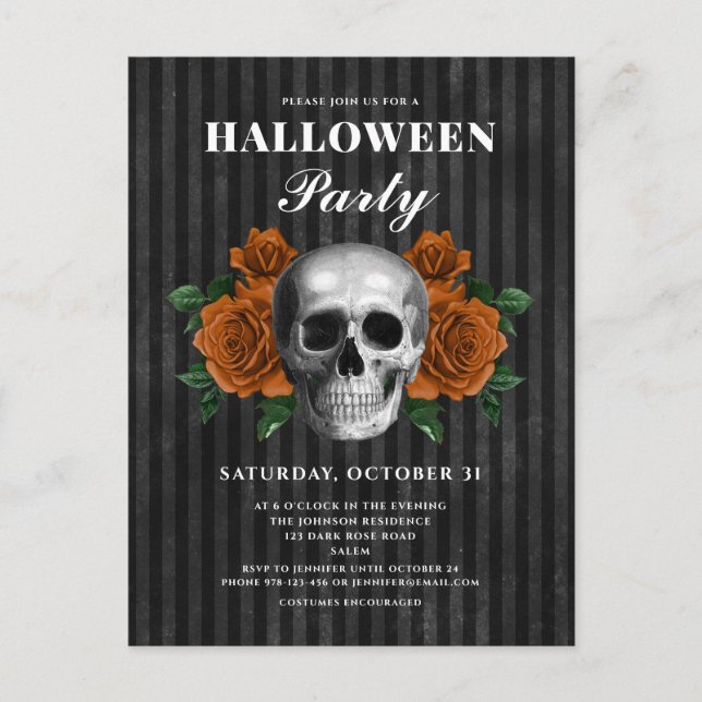 Carte Postale Roses gothiques et fête d'Halloween crâne (Devant)
