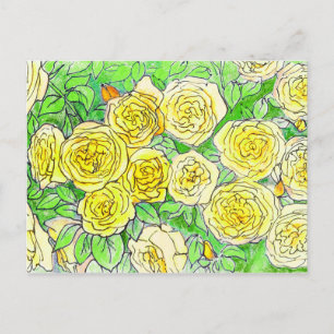 Carte Postale Roses Jaunes, Vert Feuille Rose Jardin Floral Art