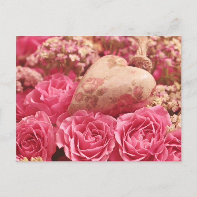 Carte Postale Roses roses et cœur roses lumineux (Devant)