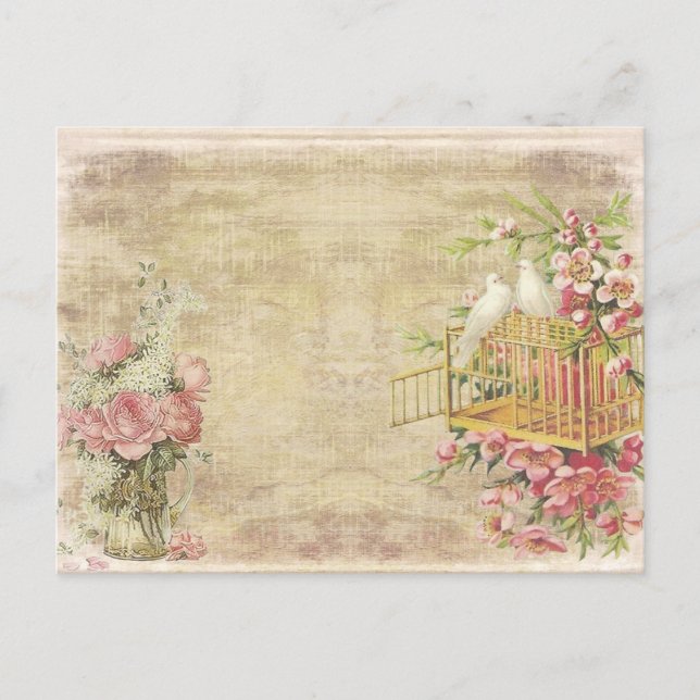 Carte Postale Roses roses et colombes blanches sur style Tan Vin (Devant)