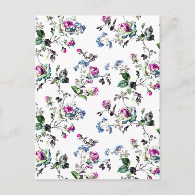 Carte Postale Roses roses et fleurs bleues Design floral (Devant)