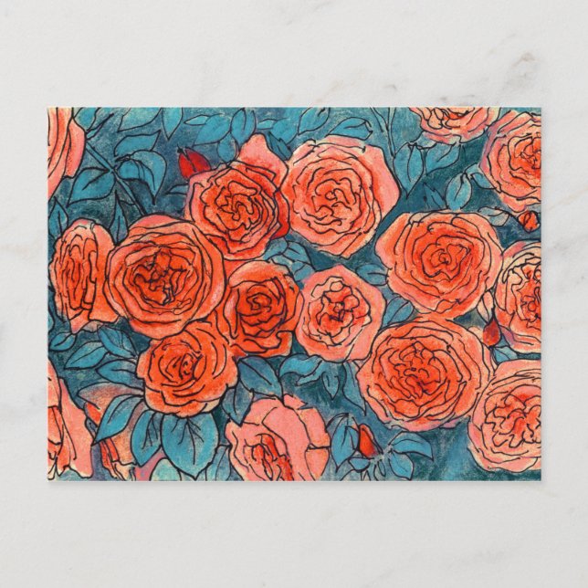 Carte Postale Roses Rouges, Jardin de Roses, Croquis à l'encre e (Devant)