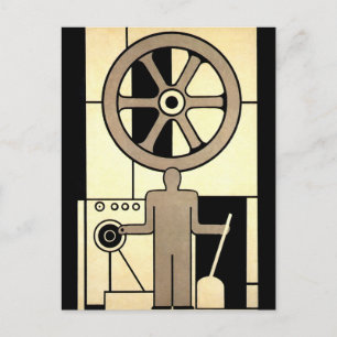 Carte Postale Roue d'affaires Art déco vintage et travailleur au