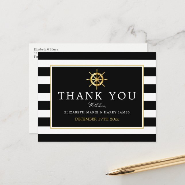 Carte Postale Roue d'or nautique, Merci Mariage noir/or (Devant/Arrière en situation)
