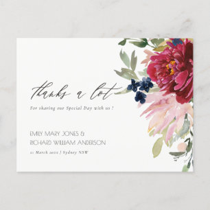 Carte Postale Rouge Bourgogne Blush Blue Floral Mariage Merci