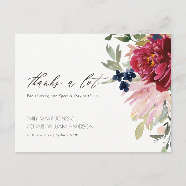 Carte Postale Rouge Bourgogne Blush Blue Floral Mariage Merci (Devant)
