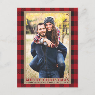 Carte Postale Rouge Carreaux Couple Photo Joyeux Noël Kraft