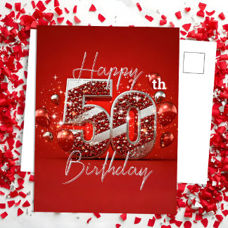 Carte Postale Rouge et Argent Pailleté 50e Anniversaire