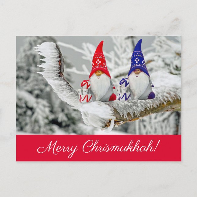 Carte Postale Rouge et bleu Fun Chrismukkah Père Noël Elves Phot (Devant)