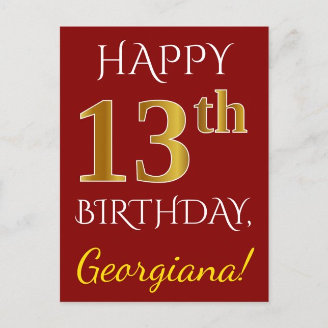 Carte Postale Rouge, Faux Gold 13e anniversaire + Nom personnali (Devant)