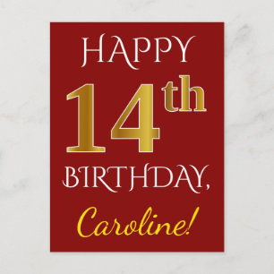 Carte Postale Rouge, Faux Gold 14e anniversaire + Nom personnali