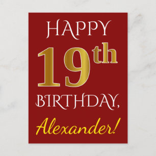 Carte Postale Rouge, Faux Gold 19e anniversaire + Nom personnali
