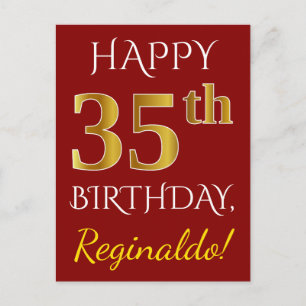 Carte Postale Rouge, Faux Gold 35e anniversaire + Nom personnali