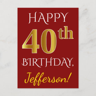 Carte Postale Rouge, Faux Gold 40e anniversaire + Nom personnali