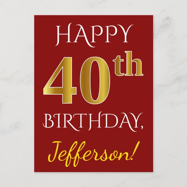 Carte Postale Rouge, Faux Gold 40e anniversaire + Nom personnali (Devant)