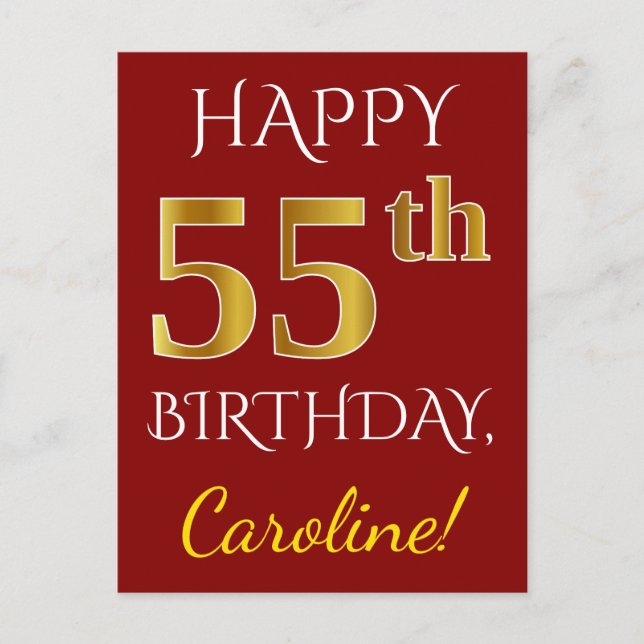 Carte Postale Rouge, Faux Gold 55e anniversaire + Nom personnali (Devant)