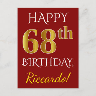 Carte Postale Rouge, Faux Gold 68e anniversaire + Nom personnali