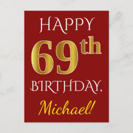 Carte Postale Rouge, Faux Gold 69e anniversaire + Nom personnali