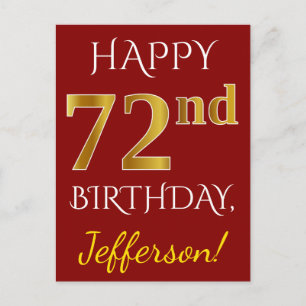 Carte Postale Rouge, Faux Gold 72e anniversaire + Nom personnali