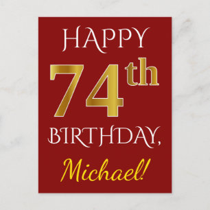Carte Postale Rouge, Faux Gold 74e anniversaire + Nom personnali