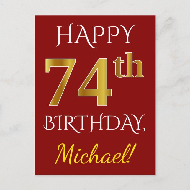Carte Postale Rouge, Faux Gold 74e anniversaire + Nom personnali (Devant)