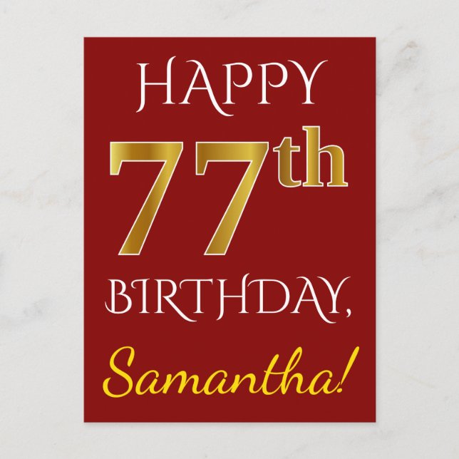 Carte Postale Rouge, Faux Gold 77e anniversaire + Nom personnali (Devant)