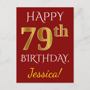 Carte Postale Rouge, Faux Gold 79e anniversaire + Nom personnali