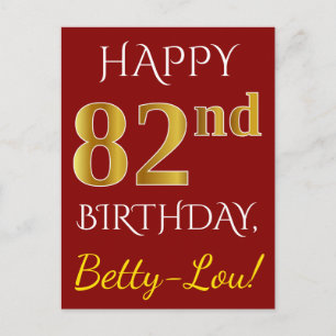 Carte Postale Rouge, Faux Gold 82e anniversaire + Nom personnali