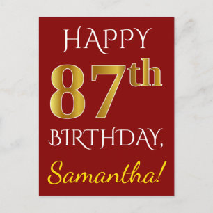 Carte Postale Rouge, Faux Gold 87e anniversaire + Nom personnali
