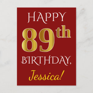 Carte Postale Rouge, Faux Gold 89e anniversaire + Nom personnali