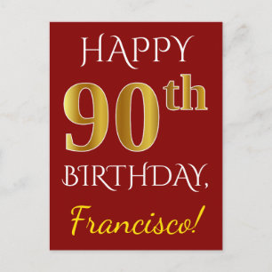 Carte Postale Rouge, Faux Gold 90e anniversaire + Nom personnali
