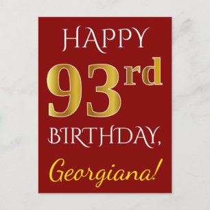 Carte Postale Rouge, Faux Gold 93ème anniversaire + Nom personna