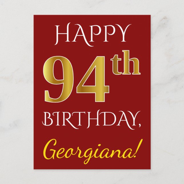 Carte Postale Rouge, Faux Gold 94e anniversaire + Nom personnali (Devant)