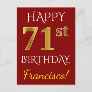 Carte Postale Rouge, Faux Or 71e Anniversaire + Nom Personnalisé