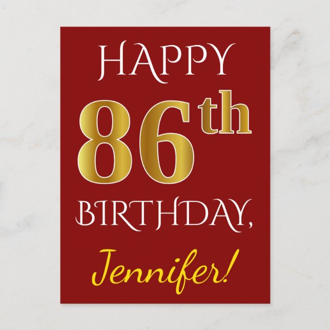 Carte Postale Rouge, Faux Or 86e Anniversaire + Nom Personnalisé (Devant)