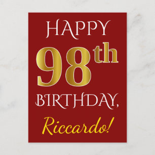 Carte Postale Rouge, Faux Or 98e Anniversaire + Nom Personnalisé