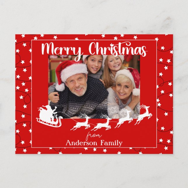 Carte Postale Rouge Joyeux Noël Lumières Famille Photo (Devant)