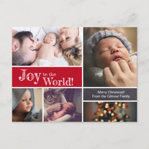 Carte Postale ROUGE Noël faire-part de naissance bébé Merci