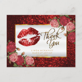 Carte Postale Rouge Parties scintillant à lèvres et Rose - Merci