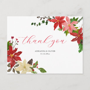 Carte Postale Rouge Poinsettia Floral Mariage de Noël Merci