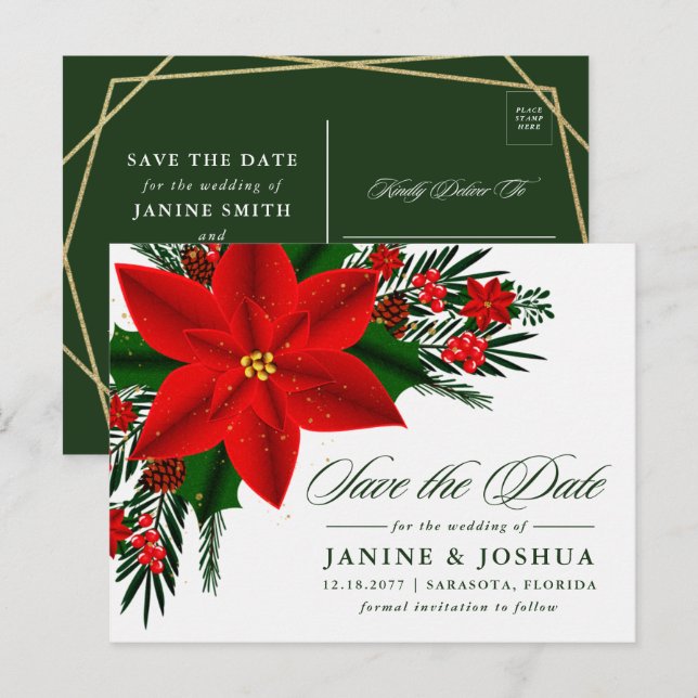 Carte Postale Rouge Poinsettia Pine Verdure Mariage Enregistrer  (Devant / Derrière)