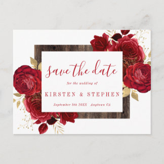 Carte Postale Rouge Rose Floral Gold Fall Enregistrer la date
